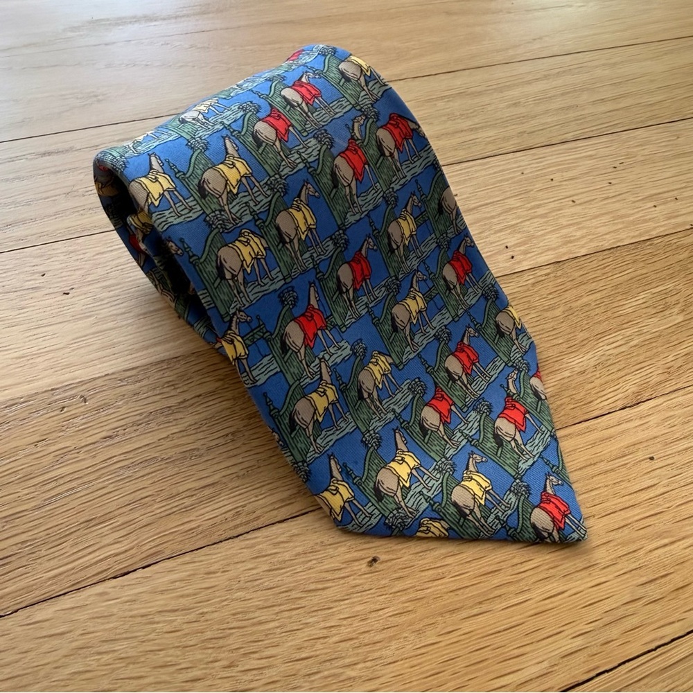 Hermes | Men's Blue Race Horse Pattern Tie | Excellent Condition